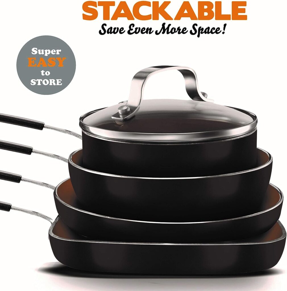 Gotham Steel Mini Stackmaster 5 Piece Cookware Set – Nonstick Personal Sized Fry Pan, Sauce Pan, Wok and Grill/Griddle Pan, Nests for Easy Storage, Dishwasher Safe,Black