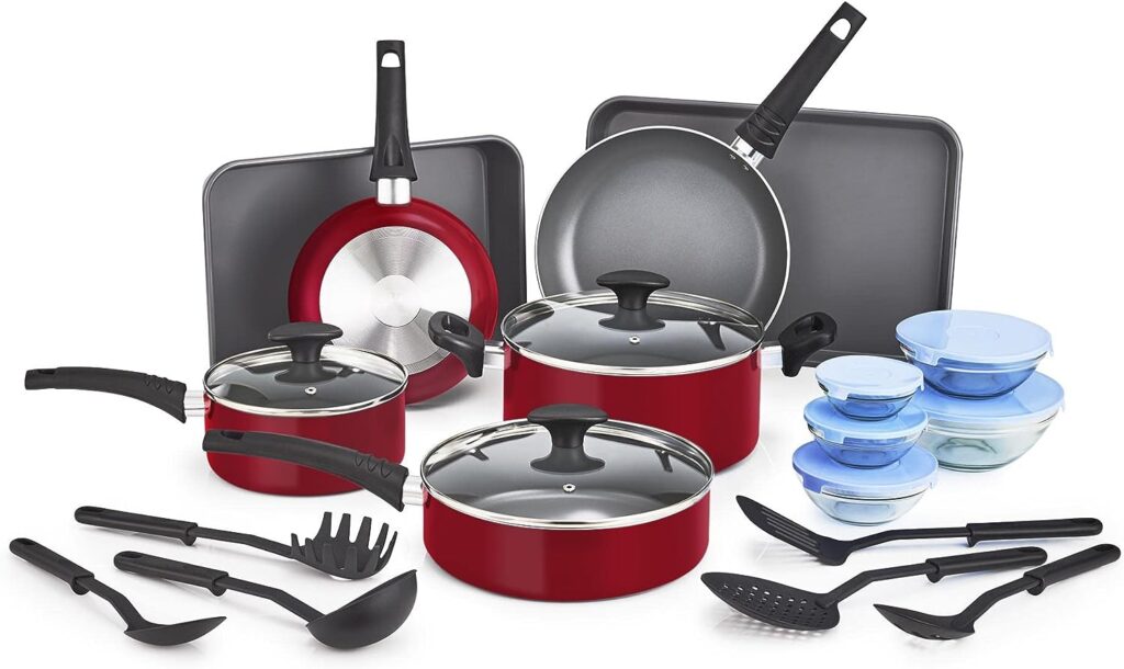 BELLA Nonstick Cookware Set with Glass Lids - Aluminum Bakeware, Pots and Pans, Storage Bowls  Utensils, Compatible with All Stovetops, 21 Piece, Red