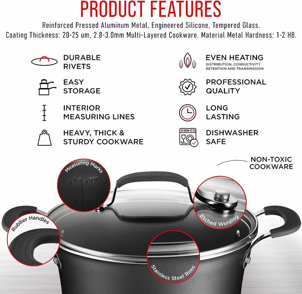 Cookware Set – 23 Piece –Black Multi-Sized Cooking Pots with Lids, Skillet Fry Pans and Bakeware – Reinforced Pressed Aluminum Metal - Suitable for Gas, Electric, Ceramic and Induction by BAKKEN Swiss