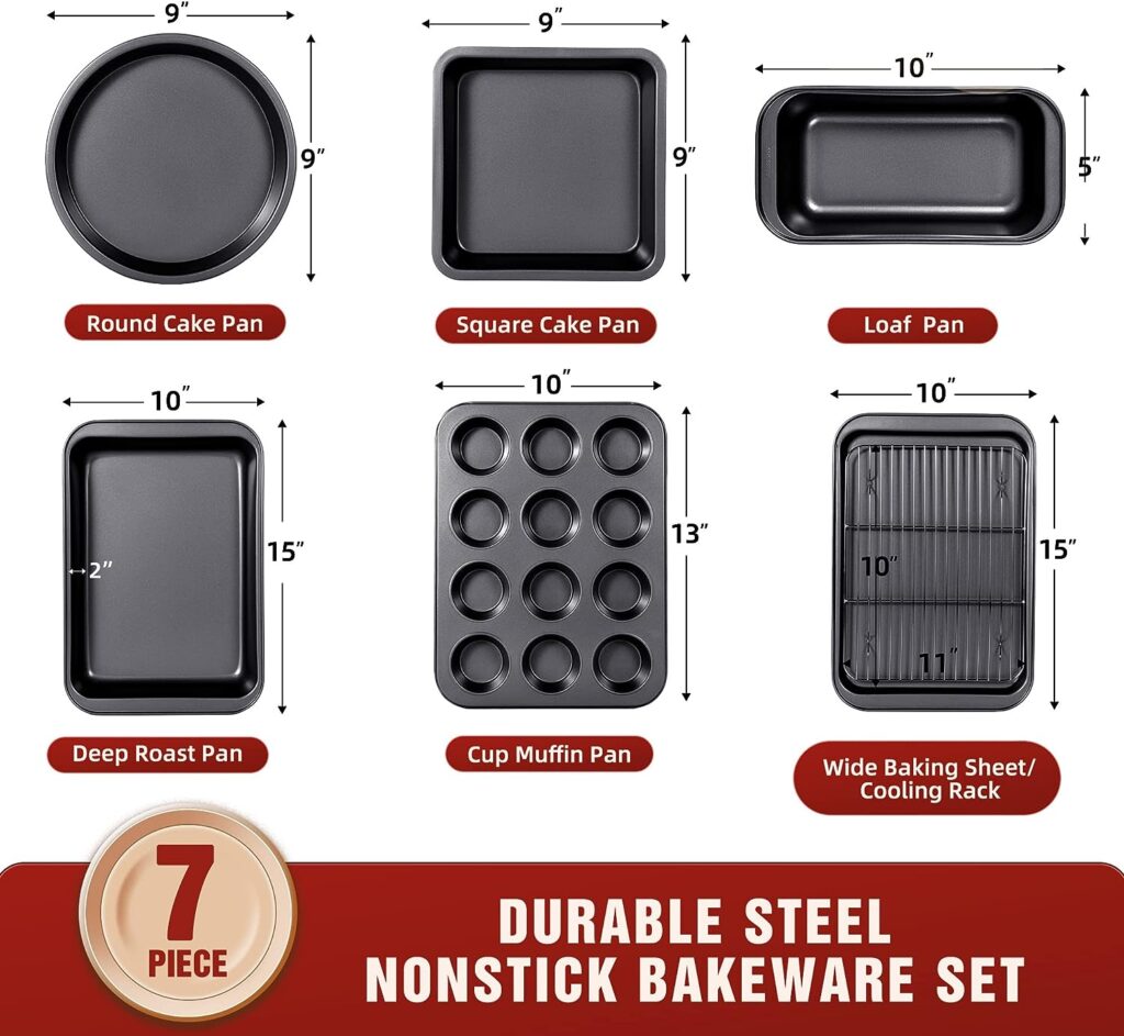 KITESSENSU Baking Pans Sets, Nonstick Bakeware Set 7-Piece with Round/Square Cake Pan, Loaf Pan, Muffin Pan, Cookie Sheet, Roast Pan, Cooling Rack, Carbon Steel Bake Set