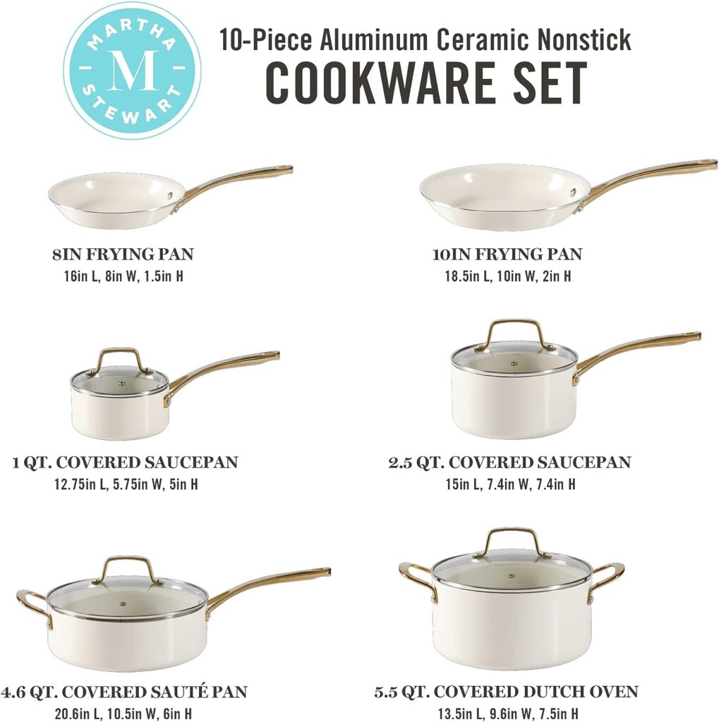 Martha Stewart Lockton Premium Nonstick PFA Free Ceramic Interior 10 Piece Heavy Gauge Enamel Aluminum Pots and Pans Cookware Set - Linen White w/Gold Handle