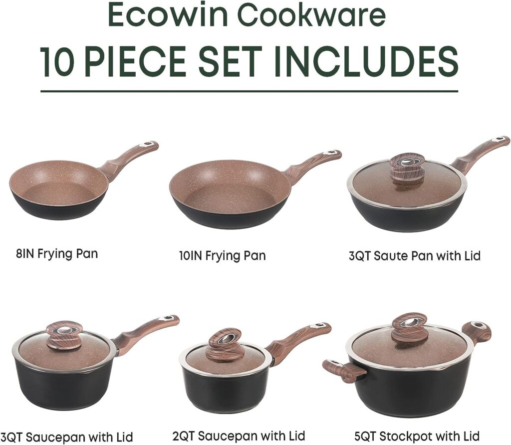 Ecowin Pots and Pans Set Nonstick 10 Pcs,Granite Coating Non Stick Cookware Sets, Pans and Utensils 10 Piece Set, Induction Conpatible Cooking,Dishwasher and Oven Safe,Kitchen Cookware Sets PFOA Free