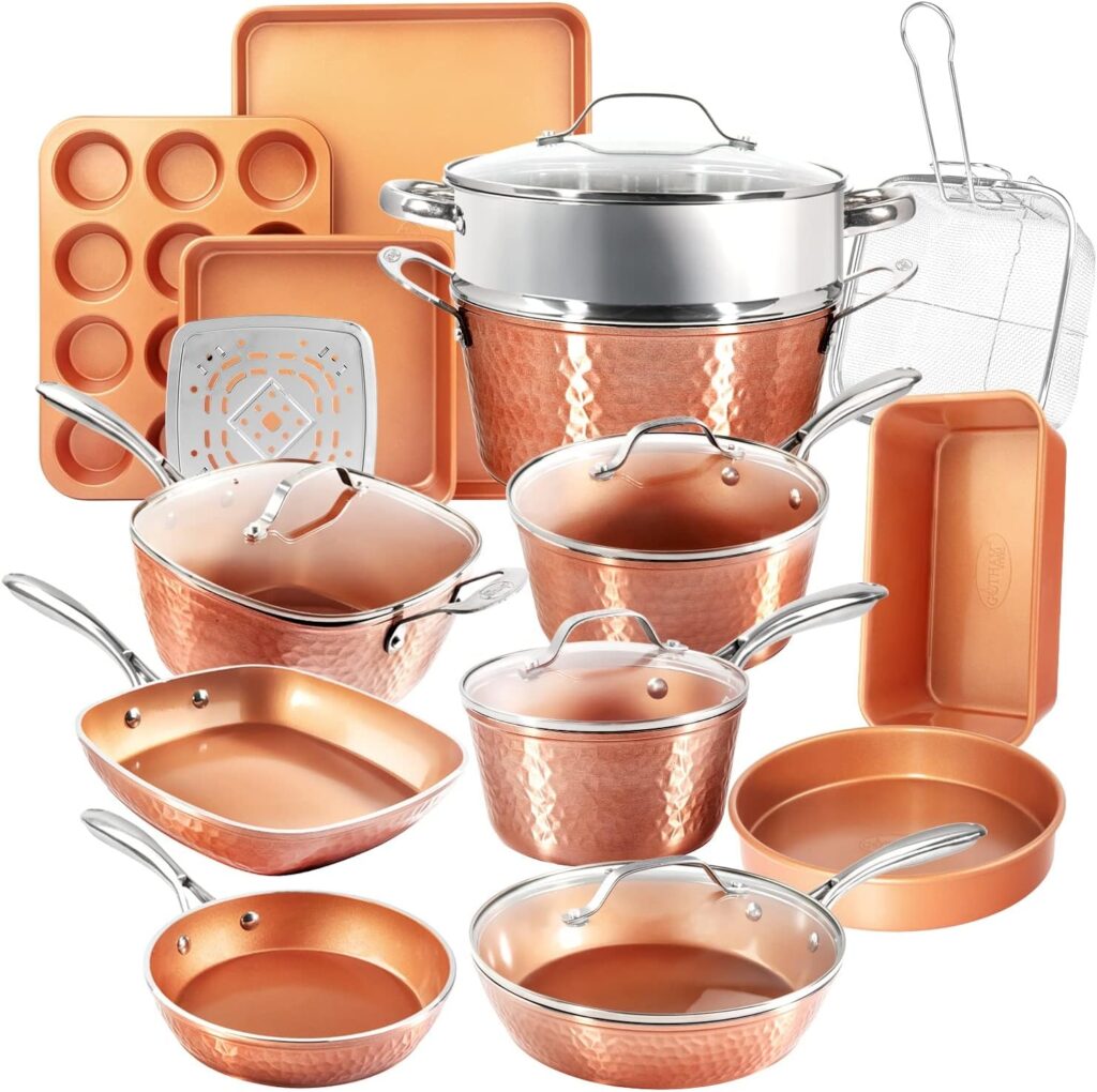 Gotham Steel Hammered Copper Collection – 20 Piece Premium Cookware  Bakeware Set with Nonstick Copper Coating, Includes Skillets, Stock Pots, Deep Square Fry Basket, Cookie Sheet and Baking Pans