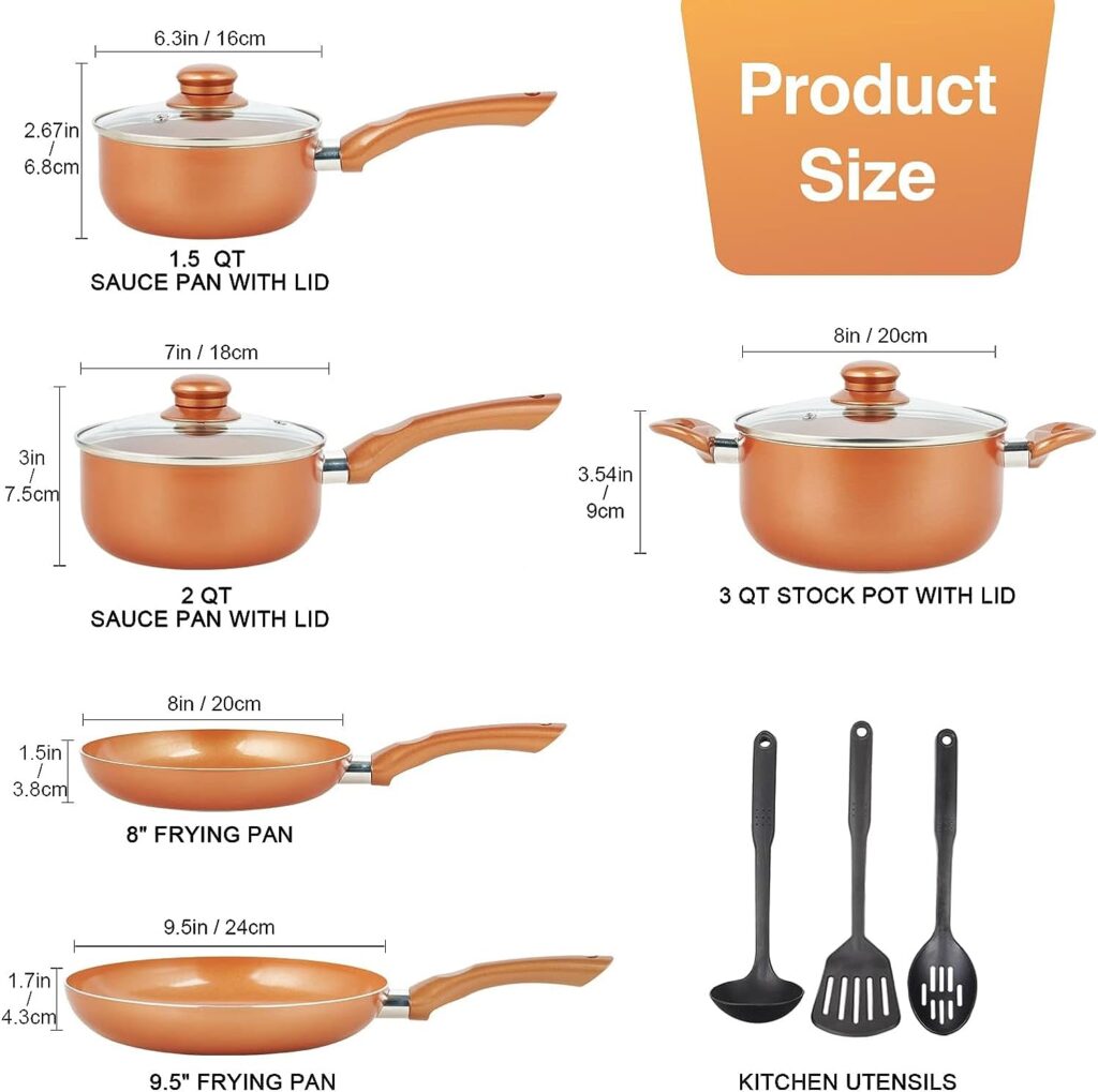 M MELENTA Pots and Pans Set Ultra Nonstick, Pre-Installed 11pcs Cookware Set Copper with Ceramic Coating, Stay cool handle  Nylon Kitchen Utensils, Gas/Induction Compatible, 100% PFOA Free