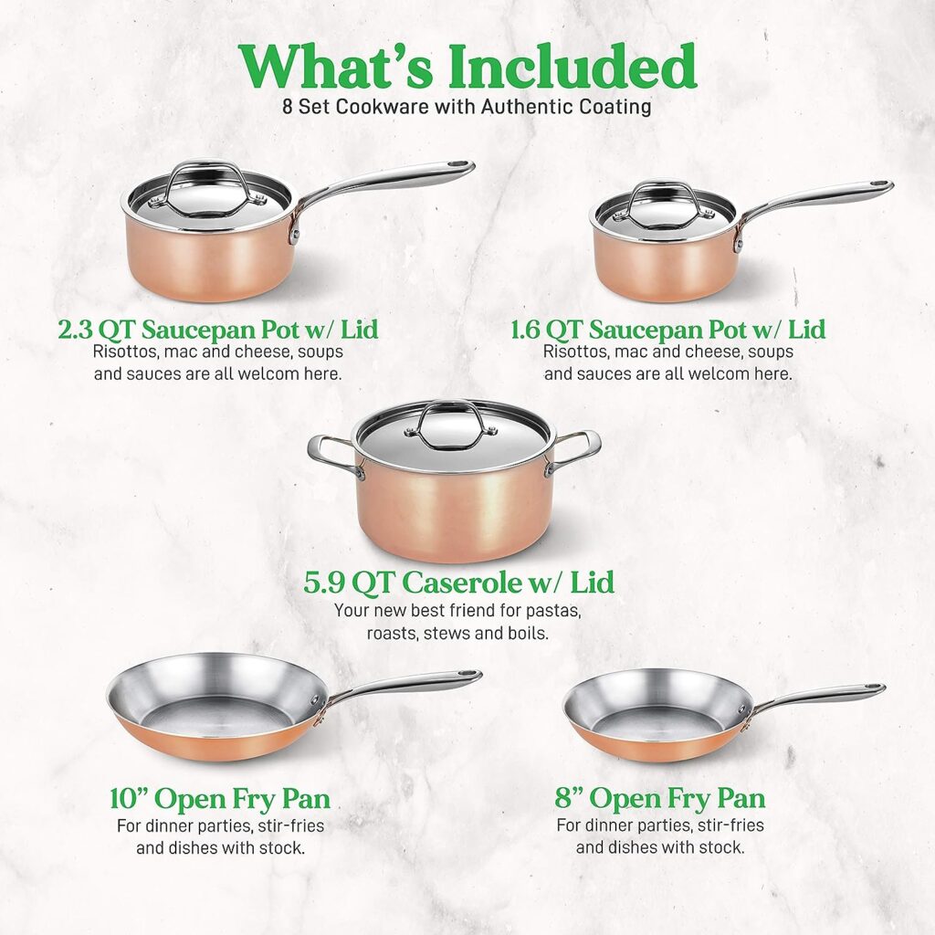 NutriChef 8 Pcs. Stainless Steel Kitchenware Pots Pans Set Stylish Kitchen Cookware w/Cast SS Handle, Tri-Ply Authentic Copper, for Saucepan, Casserole, Frying Pan, Lids NCCW8SS, WHITE SILVER