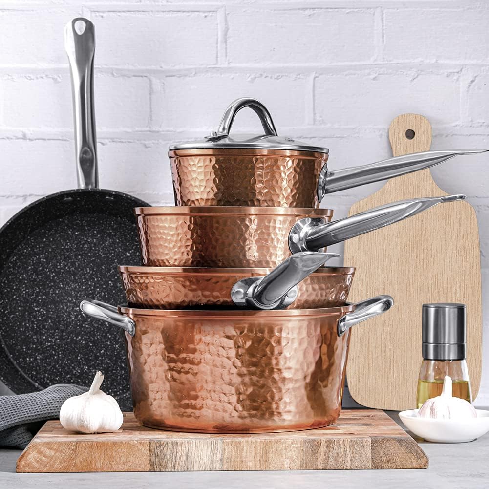 Fit Choice 8 Pieces Steel Hammered Copper Cookware Set Pots and Pans W/Non-stick Coating  Aluminum Composition Finishes, Cookware Set Copper Dishwasher Safe For All Cooktops (8 Pieces)