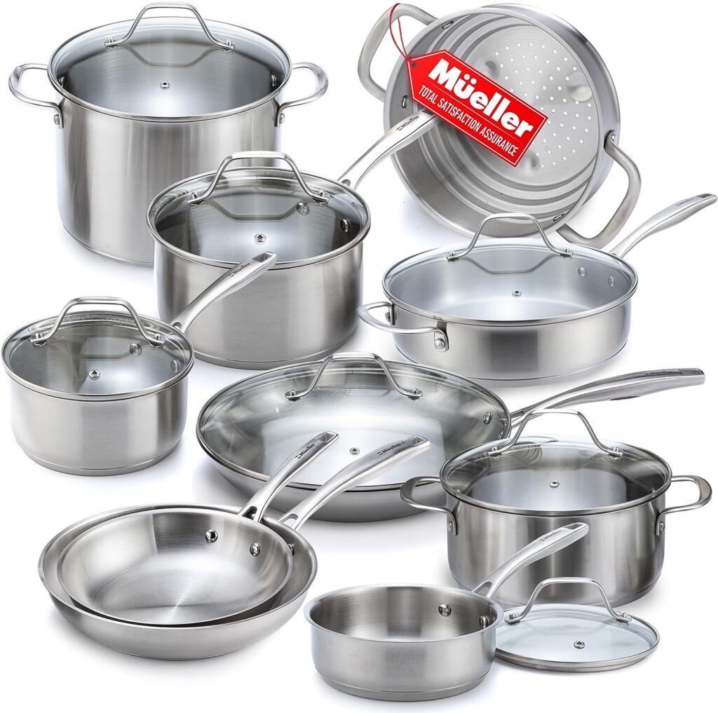 Mueller Pots and Pans Set 17-Piece, Ultra-Clad Pro Stainless Steel Cookware Set, Ergonomic and EverCool Stainless Steel Handle, Includes Saucepans, Skillets, Dutch Oven, Stockpot, Steamer and More