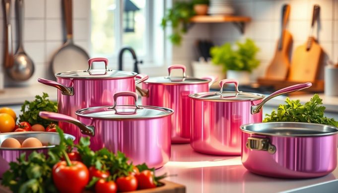 pink stainless steel pots and pans