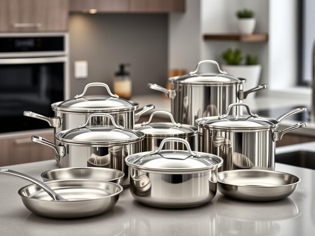 A complete matching cookware set arranged on a kitchen counter A complete matching cookware set arranged on a kitchen counter