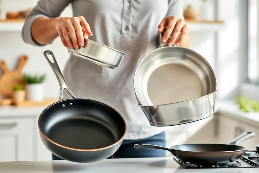 A person holding different weight cookware to demonstrate handling ergonomics A person holding different weight cookware to demonstrate handling ergonomics