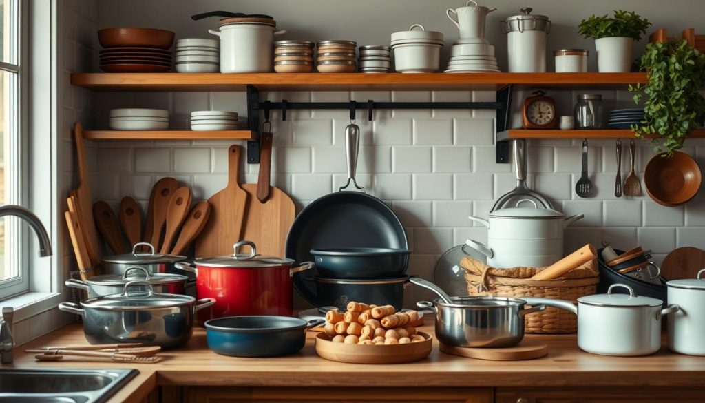 A well-equipped kitchen with a thoughtfully curated cookware collection A well-equipped kitchen with a thoughtfully curated cookware collection