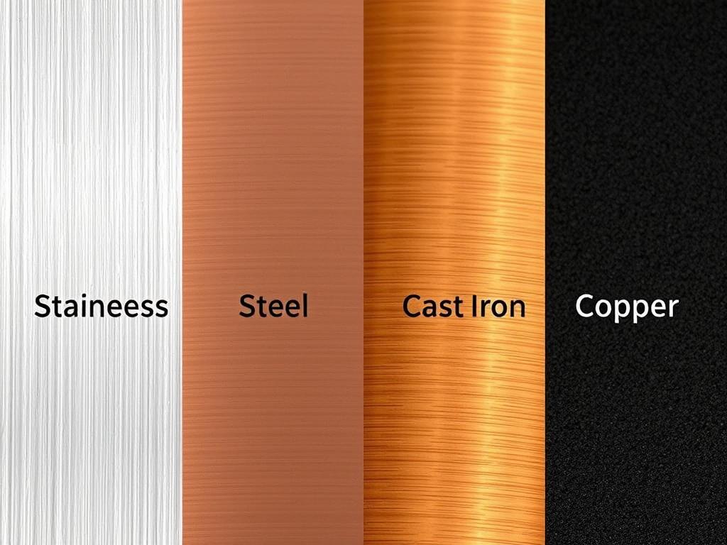 Close-up of different cookware materials showing texture and finish differences Close-up of different cookware materials showing texture and finish differences