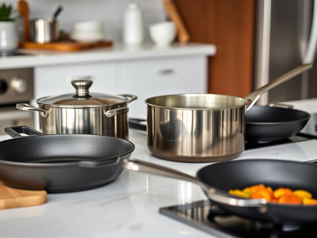 Curated individual cookware pieces of different materials selected for specific cooking needs Curated individual cookware pieces of different materials selected for specific cooking needs