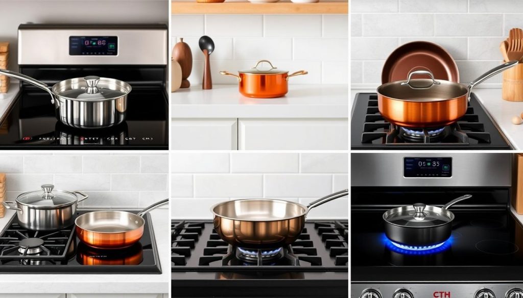 Different pots and pans on various cooktop surfaces including induction, gas, and electric Different pots and pans on various cooktop surfaces including induction, gas, and electric