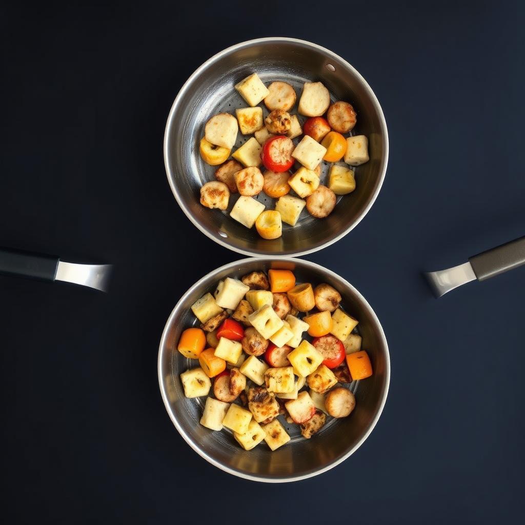 Stainless steel and nonstick skillets showing versatility for different cooking techniques Stainless steel and nonstick skillets showing versatility for different cooking techniques