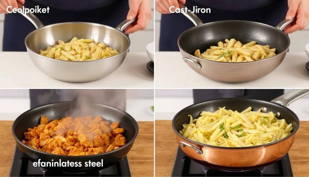 Various cookware materials in use showing their different cooking properties for a cookware buying guide Various cookware materials in use showing their different cooking properties for a cookware buying guide