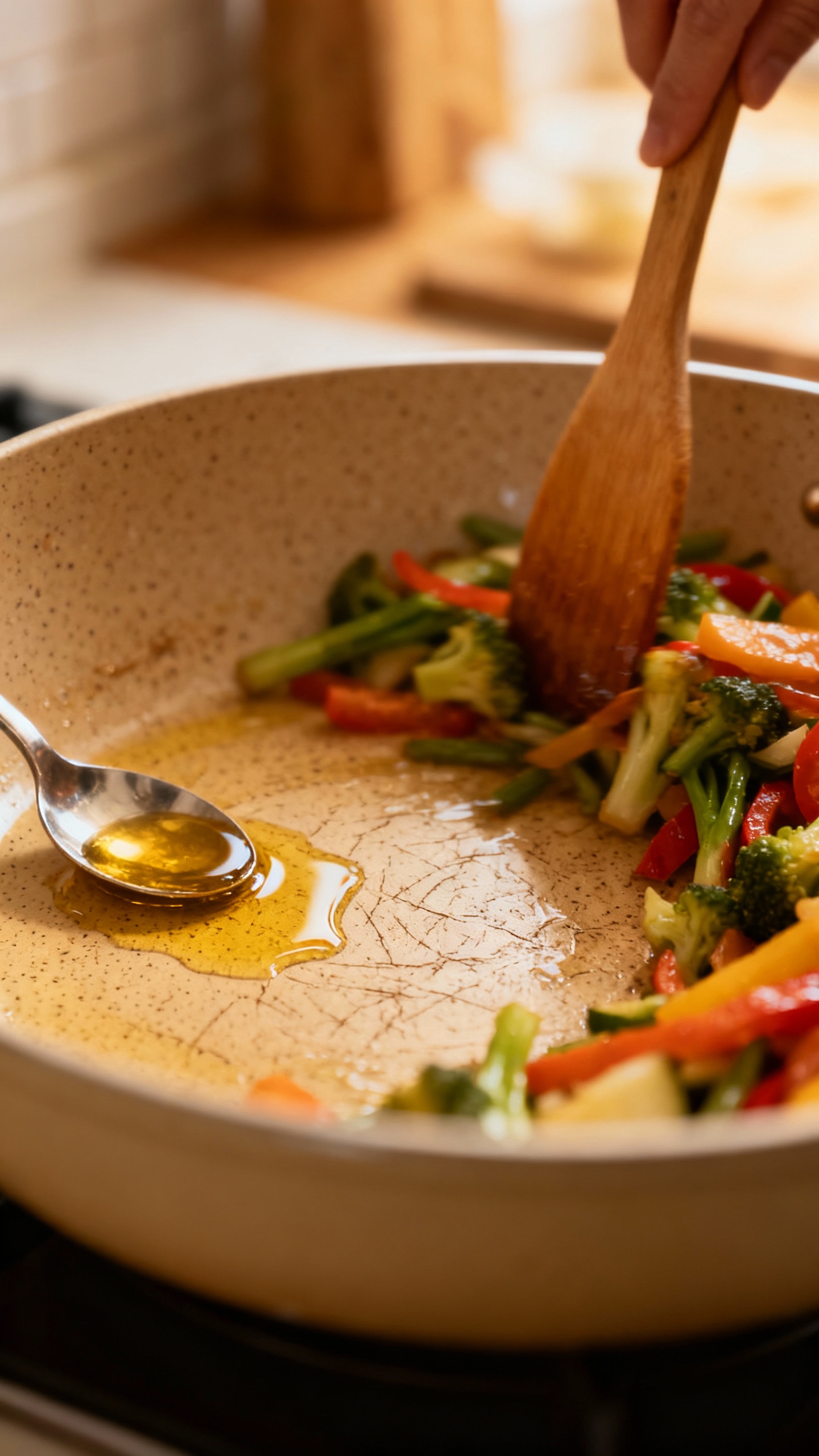 Closeup nonstick ceramic-coated pan with micro-scratches, teaspoon of oil glistening, wood utensil stirring v