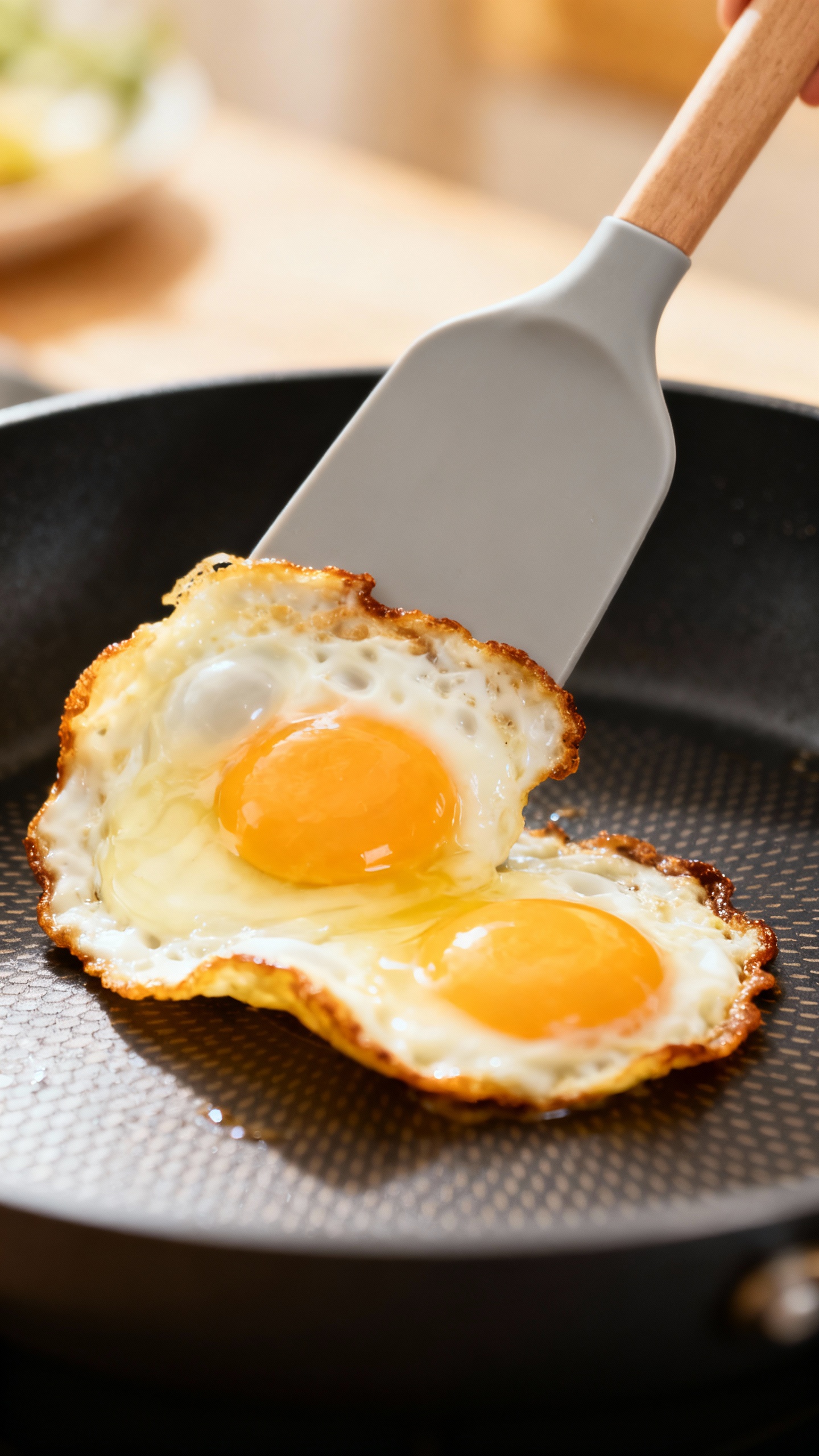 Closeup of silicone spatula flipping eggs in nonstick 
PTFE skillet