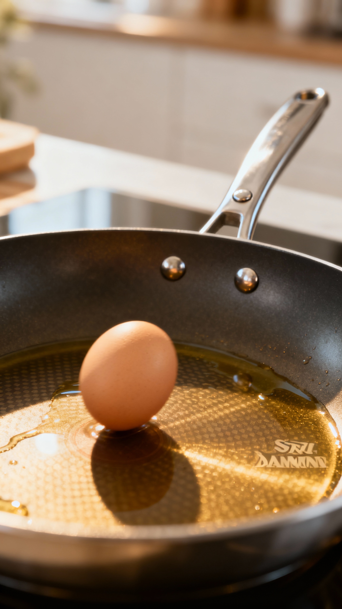 Closeup of nonstick Swiss Diamond pan surface, glassy texture, eggs sliding, stainless riveted handle, soft m