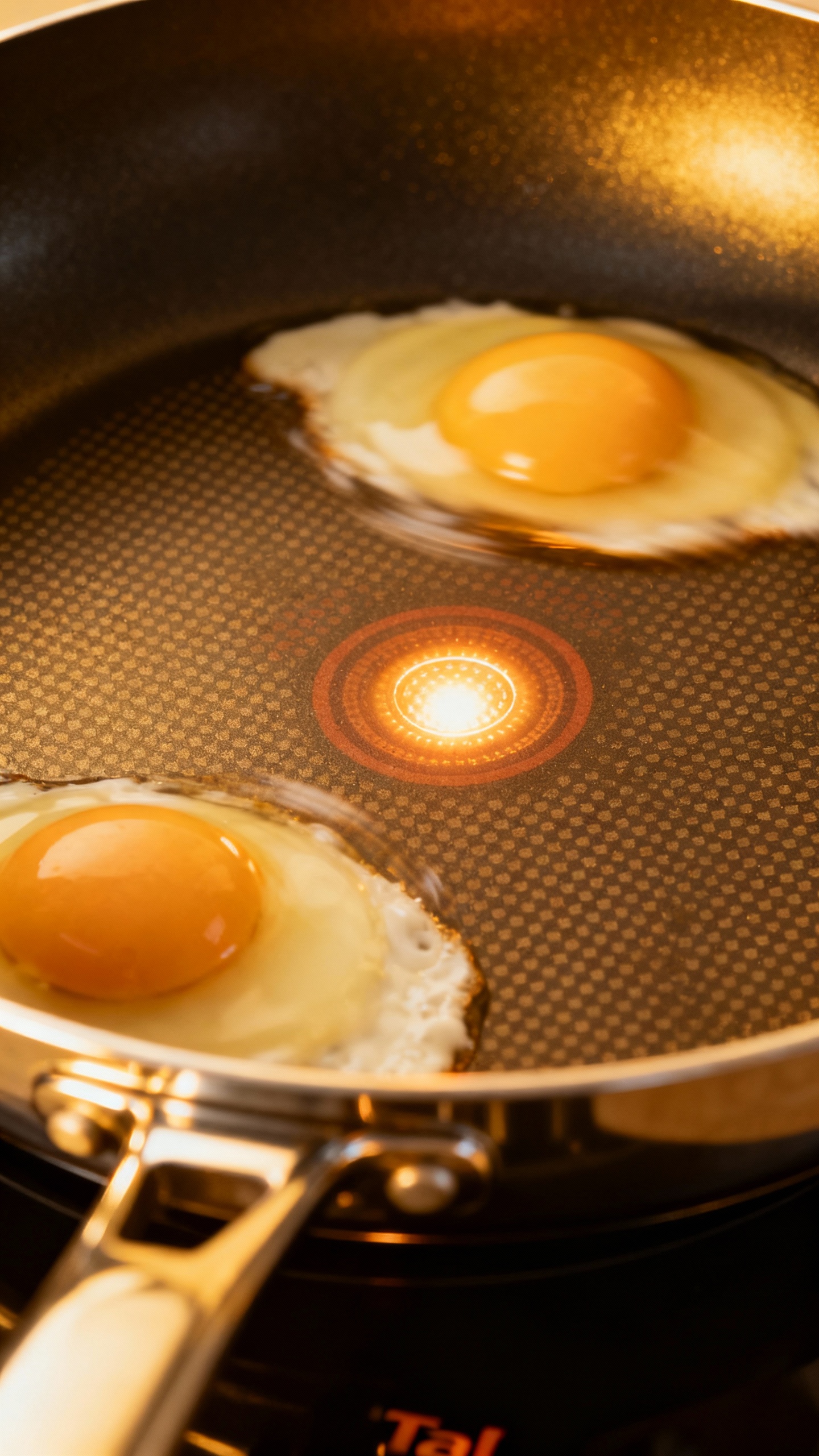 Closeup of nonstick T-fal pan Thermo-Spot glowing, eggs sliding