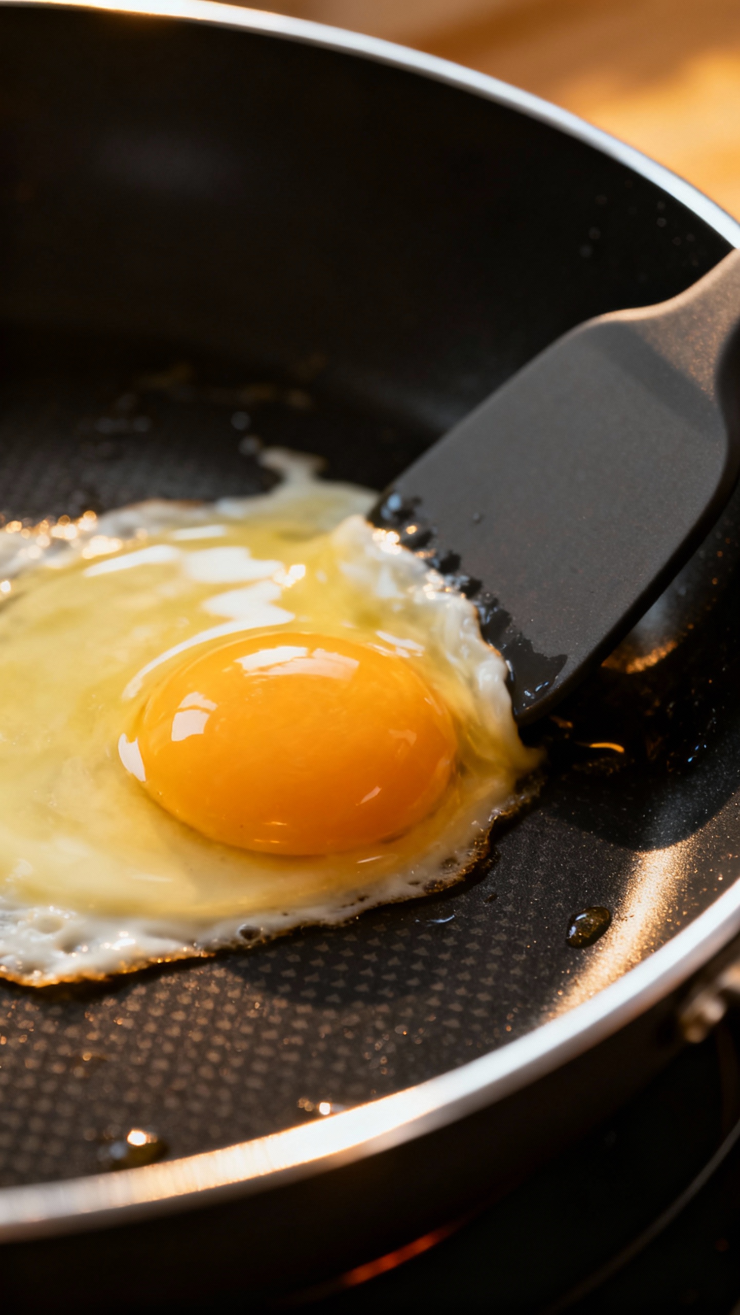 Extreme closeup eggs sliding on nonstick black PTFE pan, medium heat, silicone spatula, glossy surface, alumi