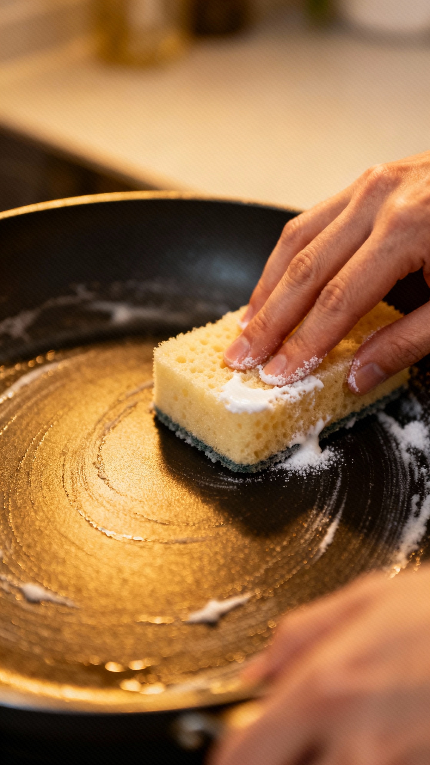Hands scrubbing nonstick pan with soft sponge, baking soda paste