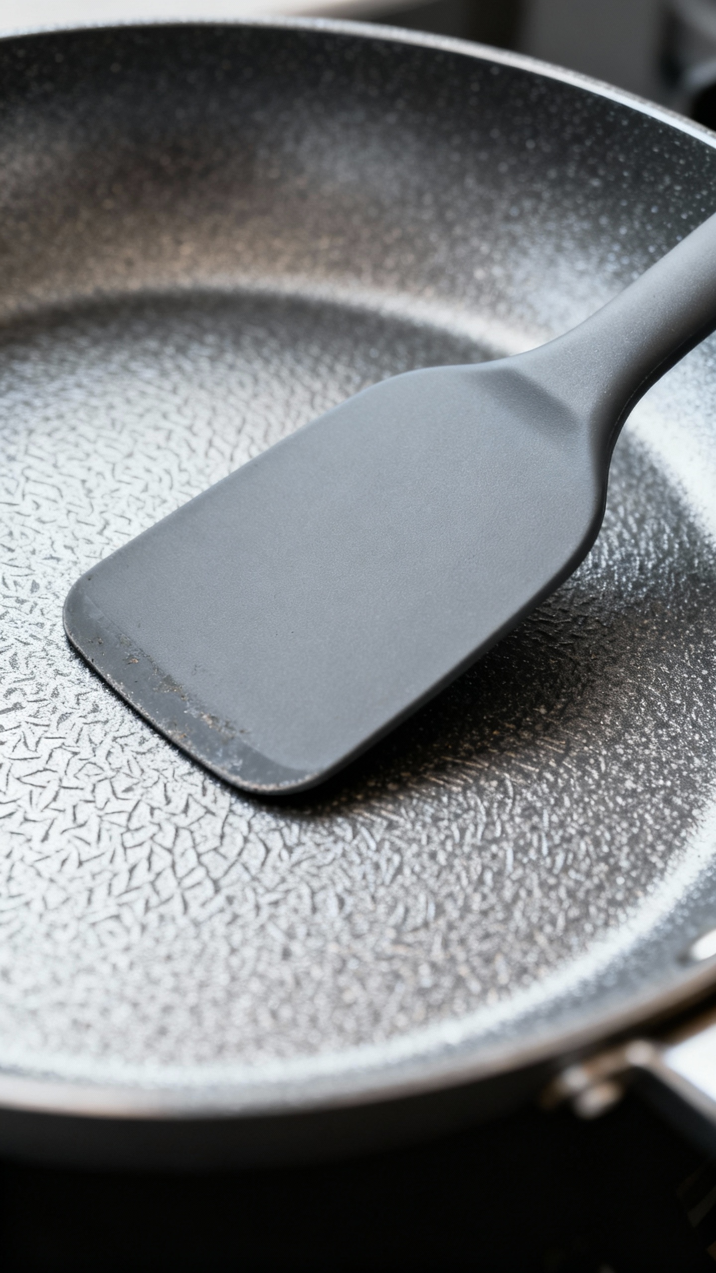 nonstick Hard-anodized skillet surface macro, ceramic-titanium texture, nylon spatula