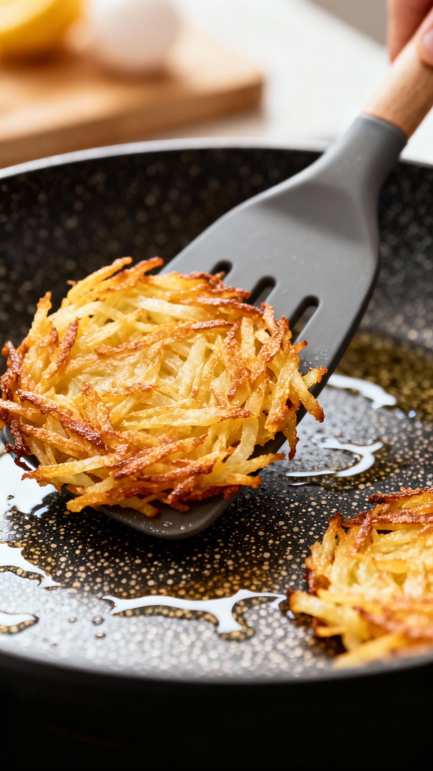 Macro shot of nonstick Scanpan Stratanium+ textured coating, silicone spatula flipping crispy hash browns, li