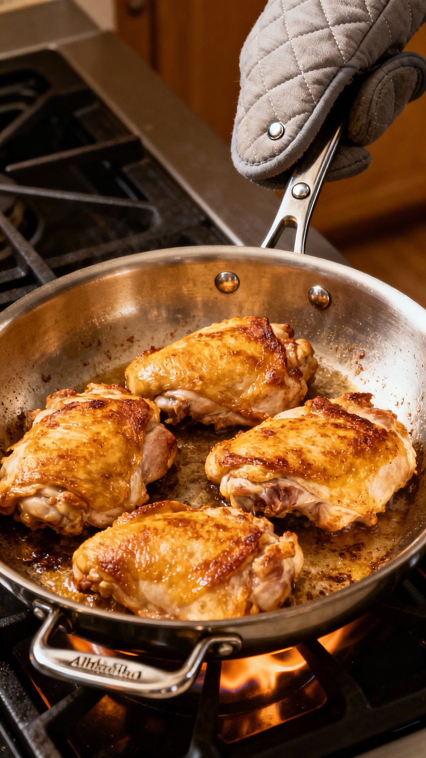 Overhead of nonstick All-Clad HA1 searing chicken thighs, oven mitt lifting riveted stainless handle, golden 