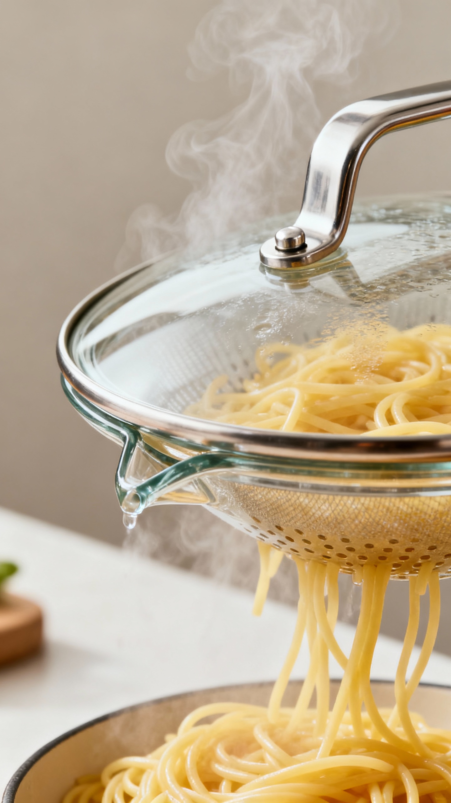nonstick Tempered glass lid with steam, riveted handle, pasta draining through spout