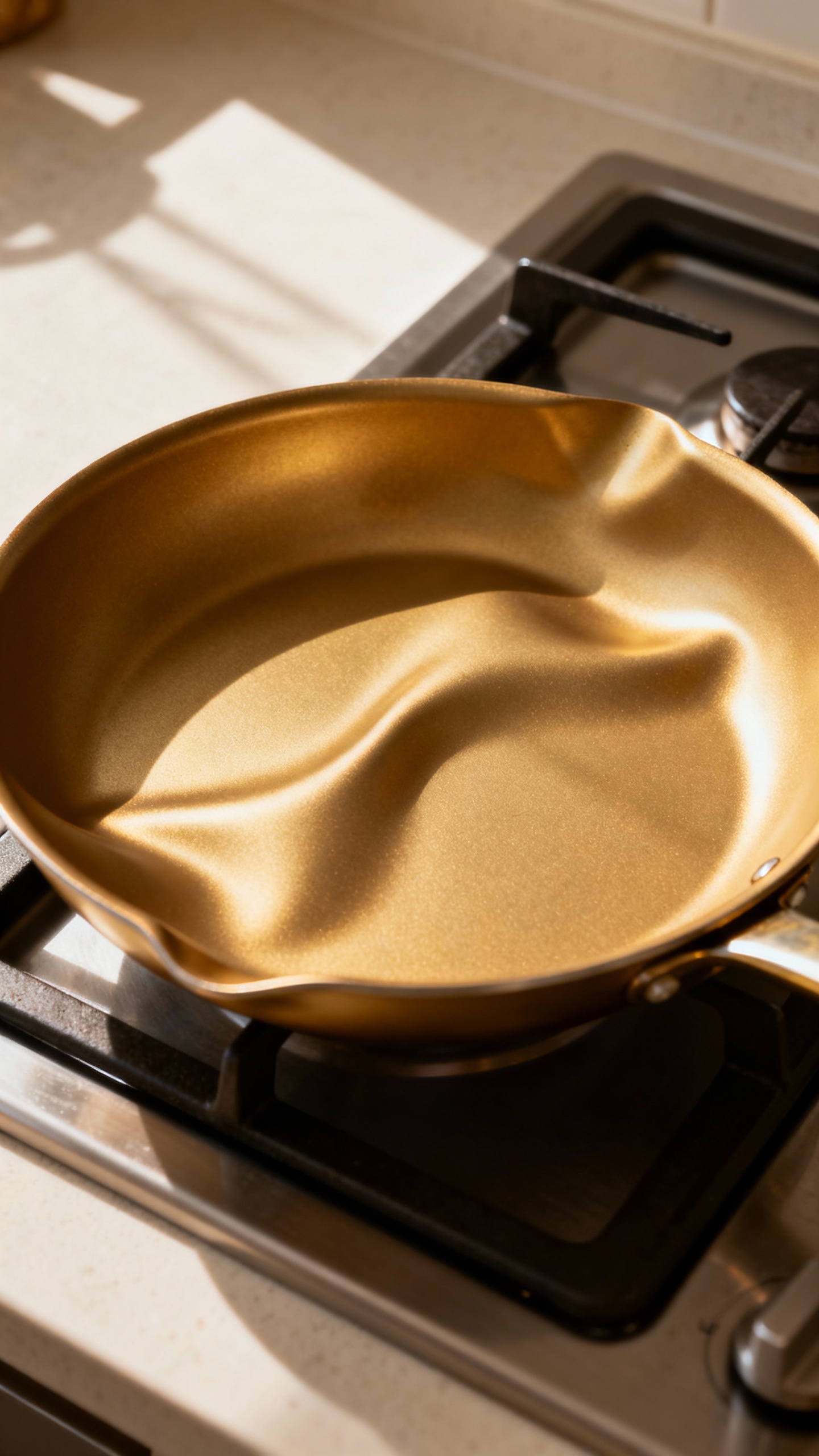 Warped nonstick frying pan cooling on stovetop, visible distortion