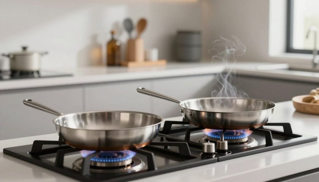 A modern kitchen scene centered around preheating stainless steel pans on a sleek stove. In the foreground, two gleaming stainless steel pans sit on burners, their surfaces reflecting light. In the middle ground, a freshly lit flame creates a gentle glow under the pans, emitting light wisps of heat rising. The background features minimalist kitchen cabinets and stylish utensils neatly arranged. Soft, natural lighting from a nearby window casts gentle shadows, enhancing the polished surfaces. The atmosphere is warm and inviting, emphasizing a professional yet relaxed cooking environment. The angle captures the pans from a slightly lower viewpoint, focusing on their shiny exteriors and the flickering flame, creating an engaging, instructional feel.