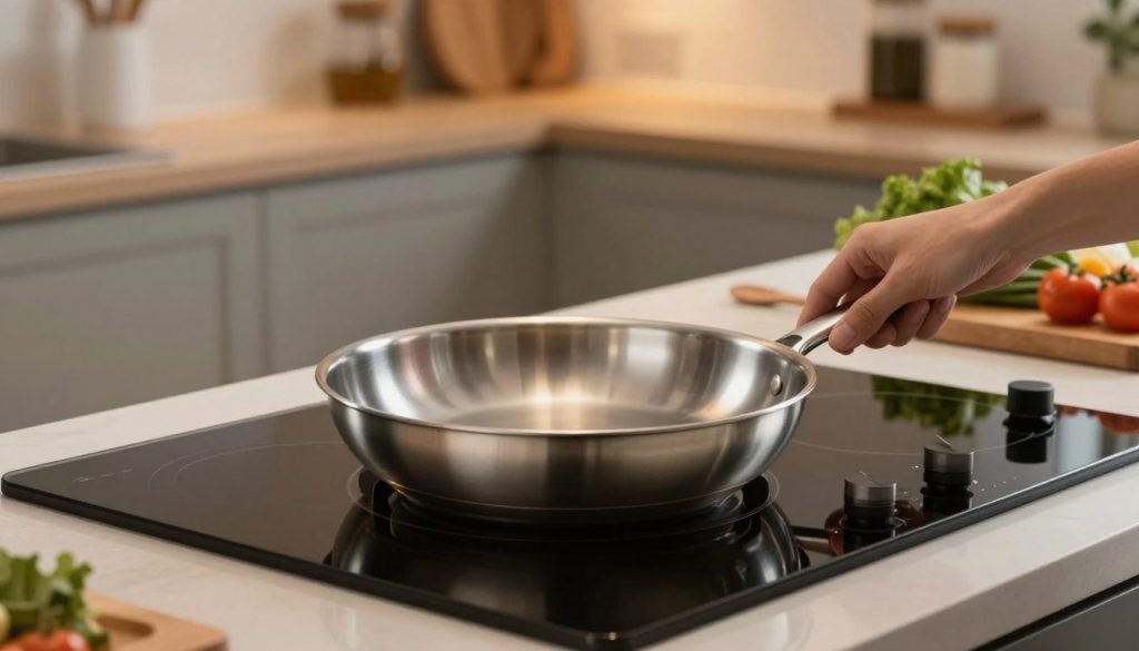 A polished stainless steel frying pan sits on a modern induction stovetop, reflecting the soft glow of ambient kitchen lighting. In the foreground, a hand gently touches the cool surface of the pan, emphasizing the action of preparing for preheating. The middle ground features a neatly organized kitchen countertop with essential ingredients and cooking tools, like a wooden spoon and fresh vegetables, hinting at the culinary possibilities. In the background, blurred kitchen elements create a warm, inviting atmosphere, showcasing stylish cabinets and decorative items that compliment the scene. The overall mood is serene and focused, with soft shadows cast by the overhead lights, emphasizing the importance of proper cookware preparation. The image is composed with a slightly overhead angle to capture both the pan and surrounding elements harmoniously.