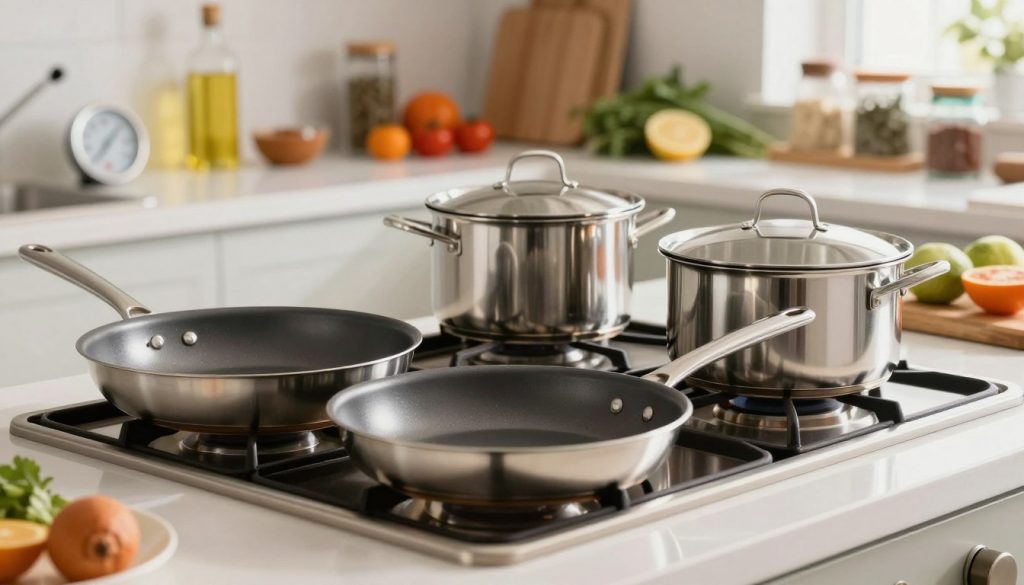 A well-organized kitchen countertop featuring a range of stainless steel cookware, with a focus on a frying pan and a saucepan positioned prominently in the foreground. The pans should gleam in the ambient light, reflecting their polished surfaces. In the middle ground, include a digital thermometer and an oil bottle, suggesting temperature testing methods. The background should consist of a softly lit kitchen with colorful spices and herbs on shelves, creating a warm and inviting atmosphere. The lighting should be bright and natural, illuminating the cookware and enhancing the metallic textures. Use a slight downward angle to emphasize the cookware, evoking a sense of practicality and cleanliness, suitable for a professional kitchen setting. No additional text or overlays.