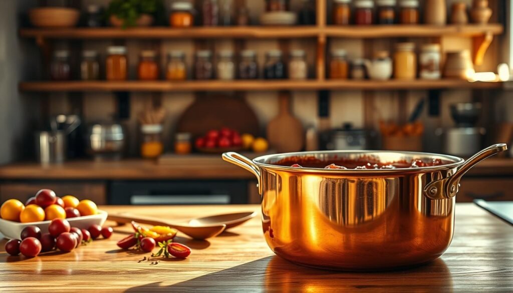 copper jam pan and sauce making