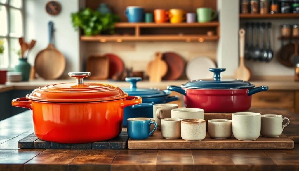 A beautifully arranged collection of key Le Creuset cookware pieces showcased on a rustic wooden kitchen table. The foreground features a vibrant orange French oven, a classic blue round casserole dish, and a sleek red skillet, all gleaming under soft natural light. In the middle ground, display a variety of colorful stoneware mugs and cooking utensils, contributing to the cozy kitchen vibe. The background features a softly blurred kitchen setting with warm, ambient lighting, showcasing wooden shelves filled with herbs and spices. The scene captures warmth and inviting culinary creativity, emphasizing the quality and charm of Le Creuset products, ideal for a cooking enthusiast. A beautifully arranged collection of key Le Creuset cookware pieces showcased on a rustic wooden kitchen table. The foreground features a vibrant orange French oven, a classic blue round casserole dish, and a sleek red skillet, all gleaming under soft natural light. In the middle ground, display a variety of colorful stoneware mugs and cooking utensils, contributing to the cozy kitchen vibe. The background features a softly blurred kitchen setting with warm, ambient lighting, showcasing wooden shelves filled with herbs and spices. The scene captures warmth and inviting culinary creativity, emphasizing the quality and charm of Le Creuset products, ideal for a cooking enthusiast.