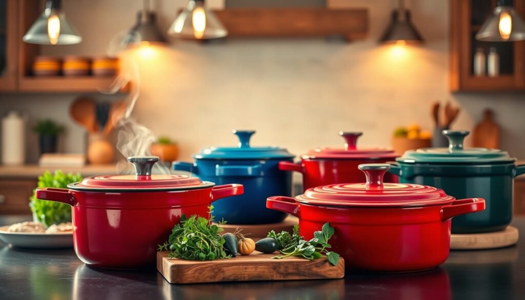 A sophisticated kitchen setting showcasing various premium enameled cast iron cookware. In the foreground, a vibrant red Le Creuset Dutch oven sits prominently, with its lid slightly ajar, steam rising gently. Beside it, a classic blue Staub cocotte and a rustic green Cuisinart pot create a visually appealing comparison. In the middle ground, a wooden cutting board displays fresh herbs and vegetables, hinting at culinary uses. The background features a softly lit kitchen with warm tones, highlighted by pendant lights casting a gentle glow. The overall ambiance conveys an inviting and gourmet atmosphere, encouraging exploration of high-quality cookware, with a warm, homely mood. Use a slightly elevated angle to capture depth and detail in the arrangement. A sophisticated kitchen setting showcasing various premium enameled cast iron cookware. In the foreground, a vibrant red Le Creuset Dutch oven sits prominently, with its lid slightly ajar, steam rising gently. Beside it, a classic blue Staub cocotte and a rustic green Cuisinart pot create a visually appealing comparison. In the middle ground, a wooden cutting board displays fresh herbs and vegetables, hinting at culinary uses. The background features a softly lit kitchen with warm tones, highlighted by pendant lights casting a gentle glow. The overall ambiance conveys an inviting and gourmet atmosphere, encouraging exploration of high-quality cookware, with a warm, homely mood. Use a slightly elevated angle to capture depth and detail in the arrangement.