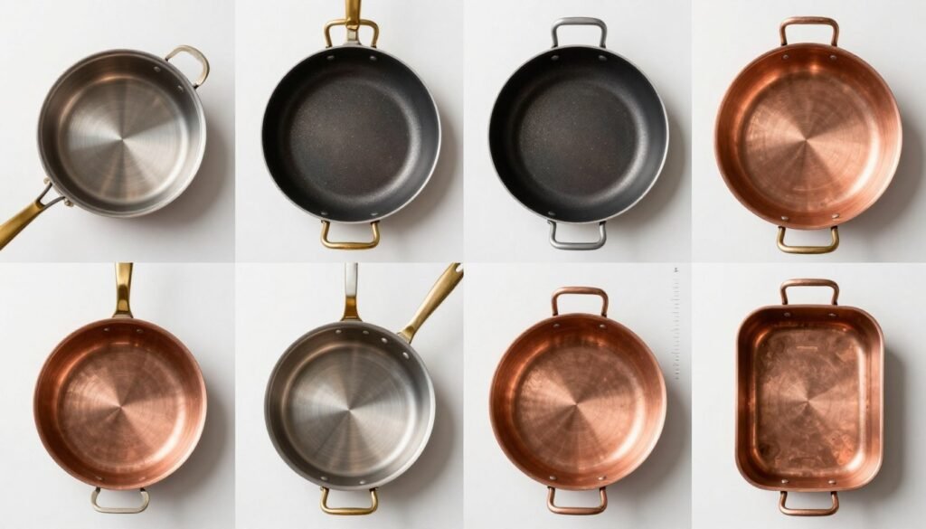 comparison of different copper cookware pieces side by side