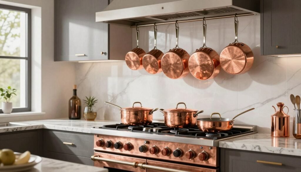 complete copper cookware collection displayed in modern kitchen