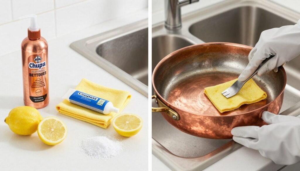 copper cookware cleaning supplies and polishing demonstration