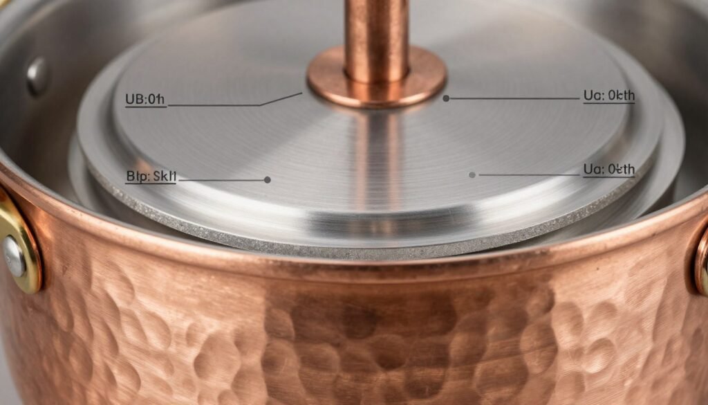 detailed close-up of copper cookware showing interior lining and construction layers