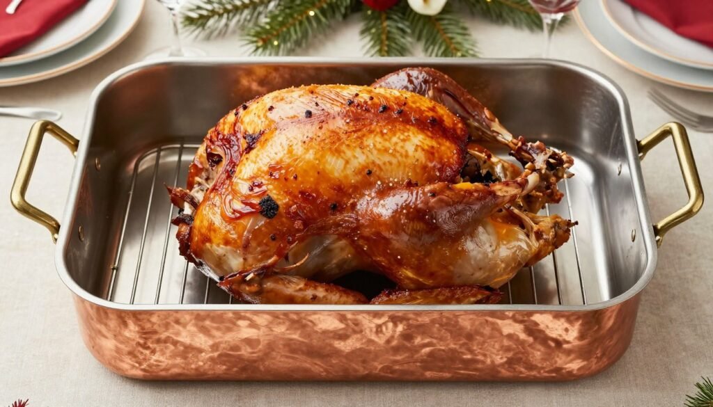 large copper roasting pan with rack for turkey and large meats