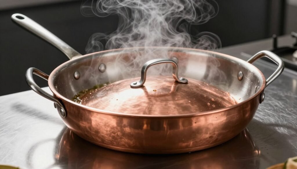 wide copper sauté pan with helper handle and lid