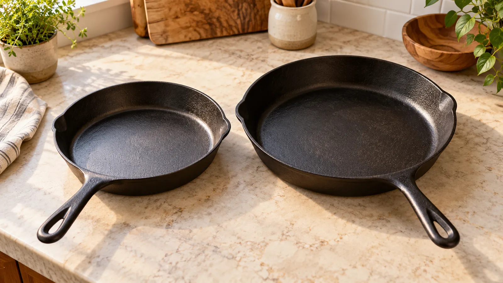 Editorial illustration of a 10 inch vs 12 inch skillet comparison