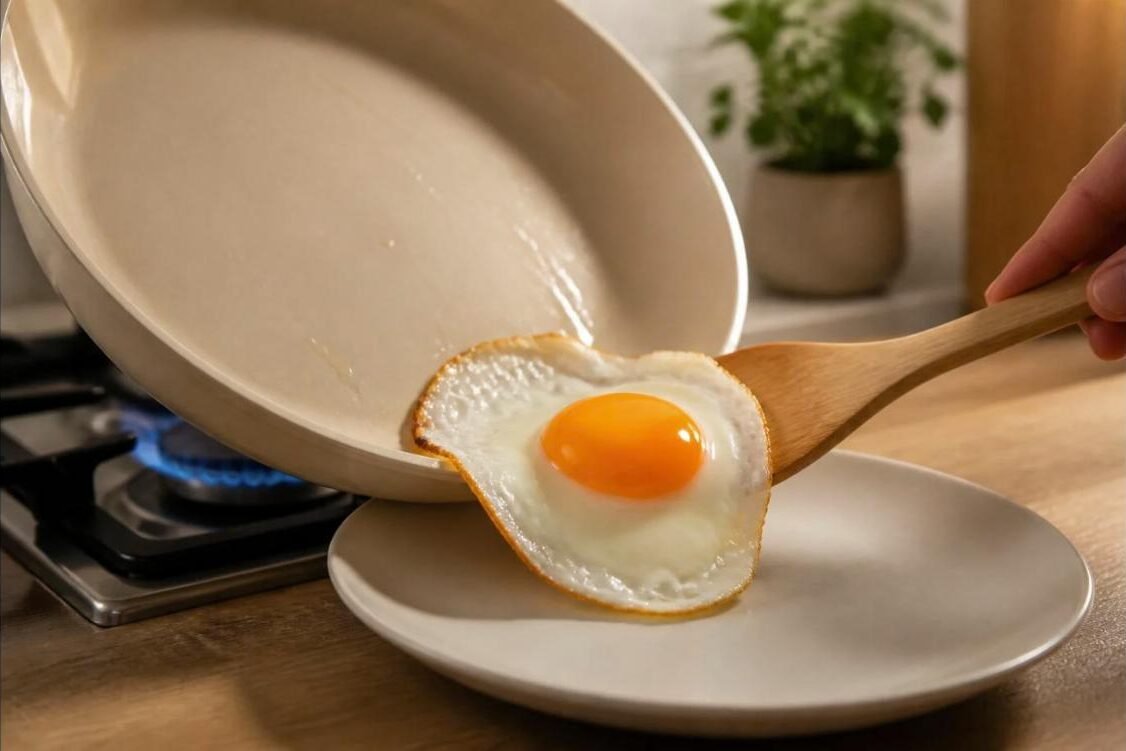 Caraway cookware review: fried egg sliding off a ceramic nonstick pan