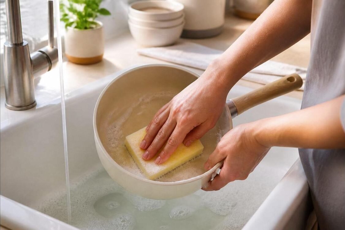Caraway cookware care: hand washing a ceramic nonstick saucepan with a soft sponge