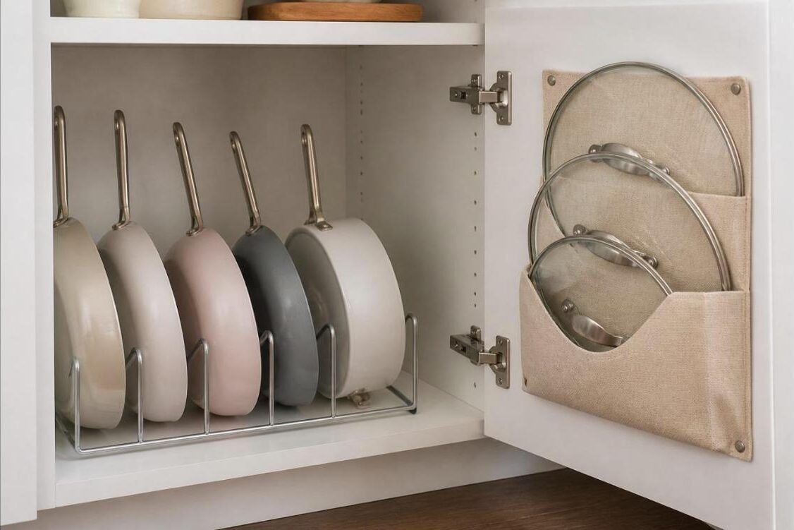 Caraway cookware storage: ceramic pans in a cabinet organizer with lids in a canvas holder