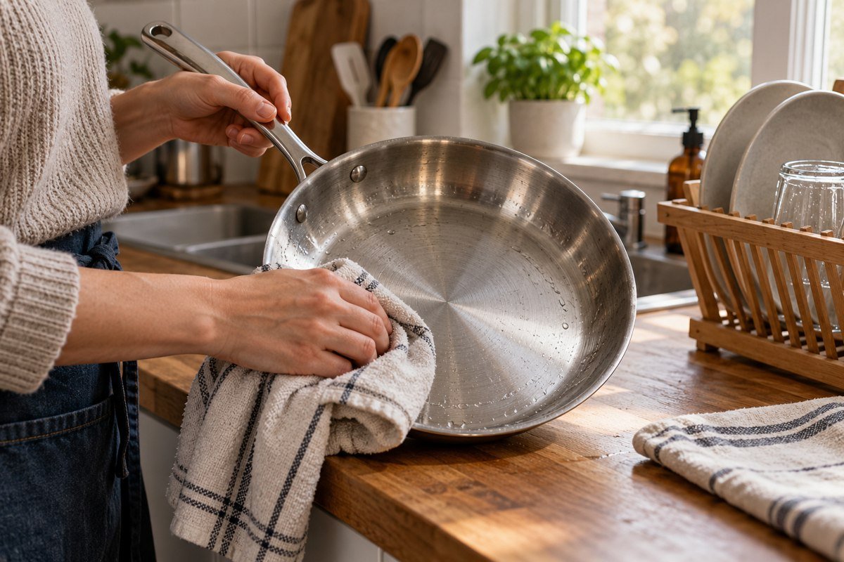 Drying a skillet after cleaning stainless steel pan rainbow stains