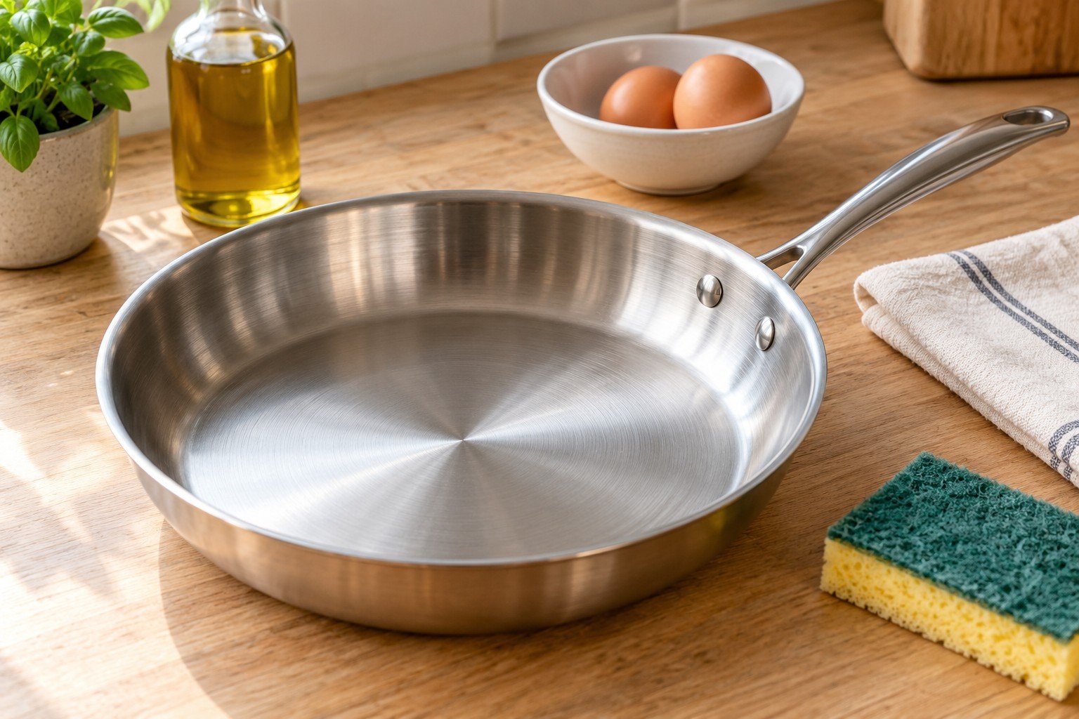 Clean pan ready for eggs in stainless steel, with a sponge and towel nearby