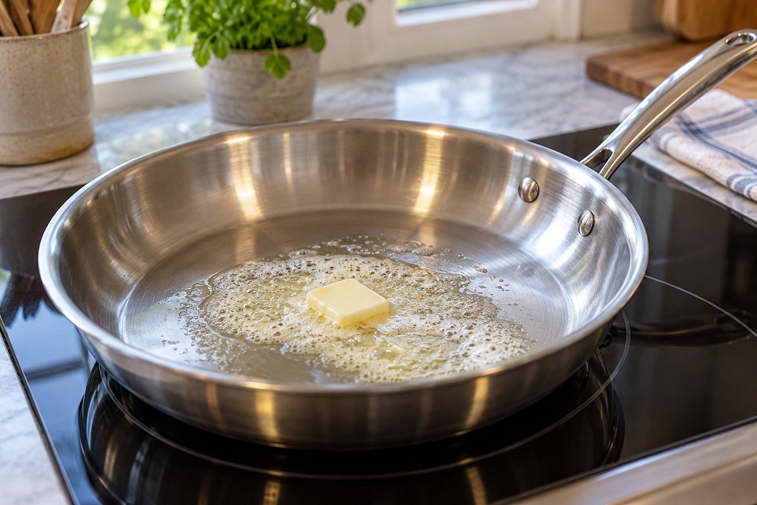 Butter gently foaming before cooking eggs in stainless steel over controlled heat